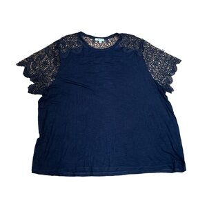 89th & Madison Navy Lace Sleeve Spandex Blend Top Plus Size 3X